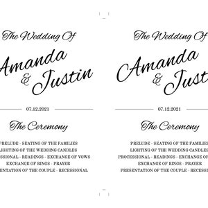 May include: Wedding ceremony programme for Amanda and Justin, taking place on 07.12.2021. The programme lists the order of events, including the seating of the families, lighting of the wedding candles, processional, readings, exchange of vows, exchange of rings, prayer, and presentation of the couple.