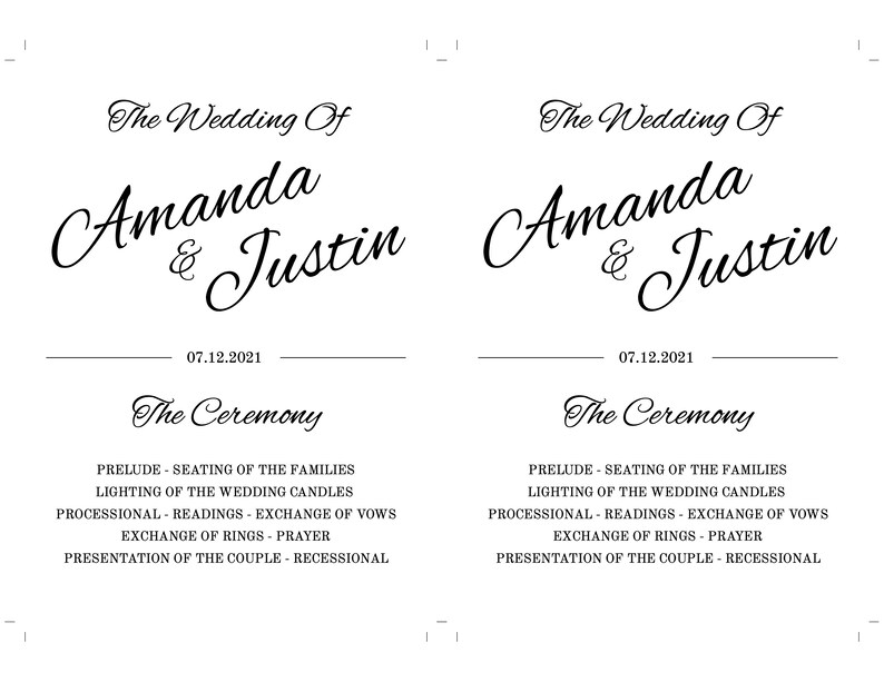 May include: Wedding ceremony programme for Amanda and Justin, taking place on 07.12.2021. The programme lists the order of events, including the seating of the families, lighting of the wedding candles, processional, readings, exchange of vows, exchange of rings, prayer, and presentation of the couple.