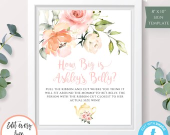 Peach Floral How Big Is Mommy's Belly Game Sign Template for Baby Shower, Tea Party Sign, Baby is Brewing Shower, Girl Shower, BSP2