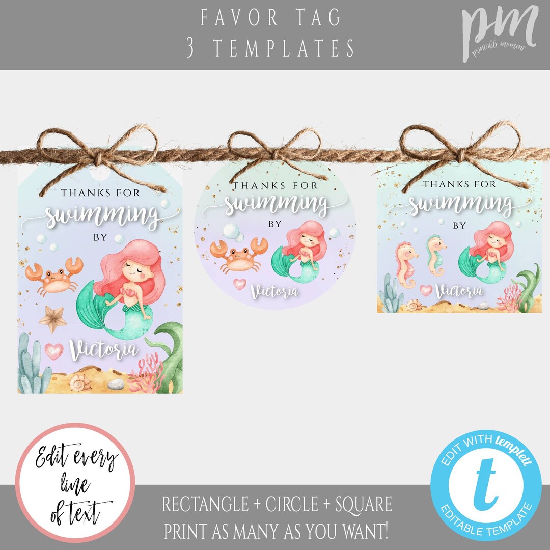 Mermaid Favor Tag Editable Template for Birthday, Drive by Birthday ...