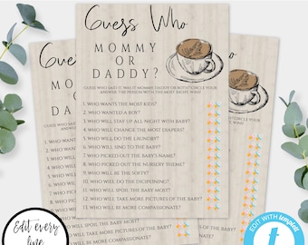 Baby is Brewing Guess Who Mommy or Daddy Baby Shower Game Template, Editable Game Instant Download, Printable Coffee Baby Shower Game, BSCB