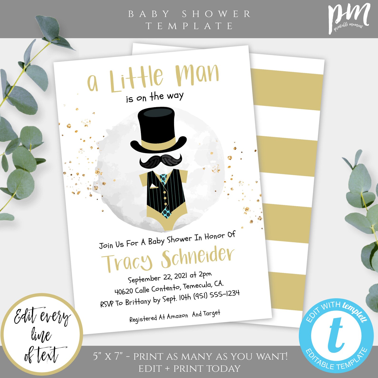 A Little Man is on the Way Invitation Template Gold Bowtie Etsy