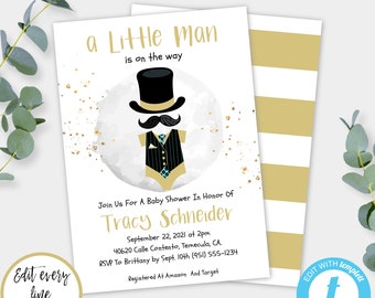 Gold Bowtie Baby Shower Invitation Template, Little Man Invite (Printable)
