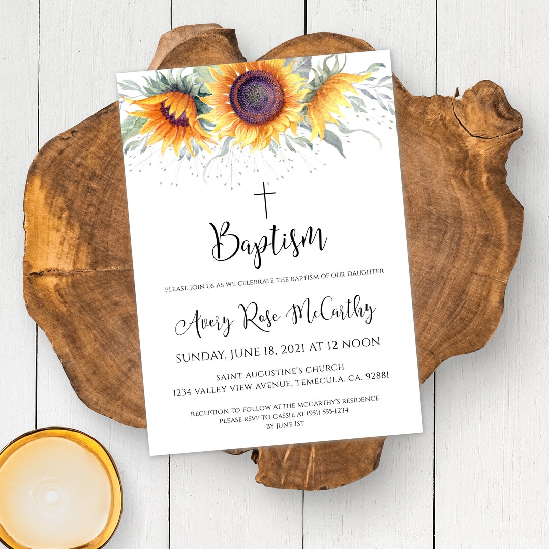 Sunflower Baptism Invitation Template Girl Baptism Etsy