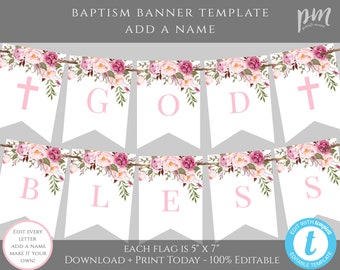 Pink Floral Baptism Flag Banner, Baptism Bunting Flag Template, Baby Girl Bunting Banner Printable, Edit + Print Yourself, Add Name