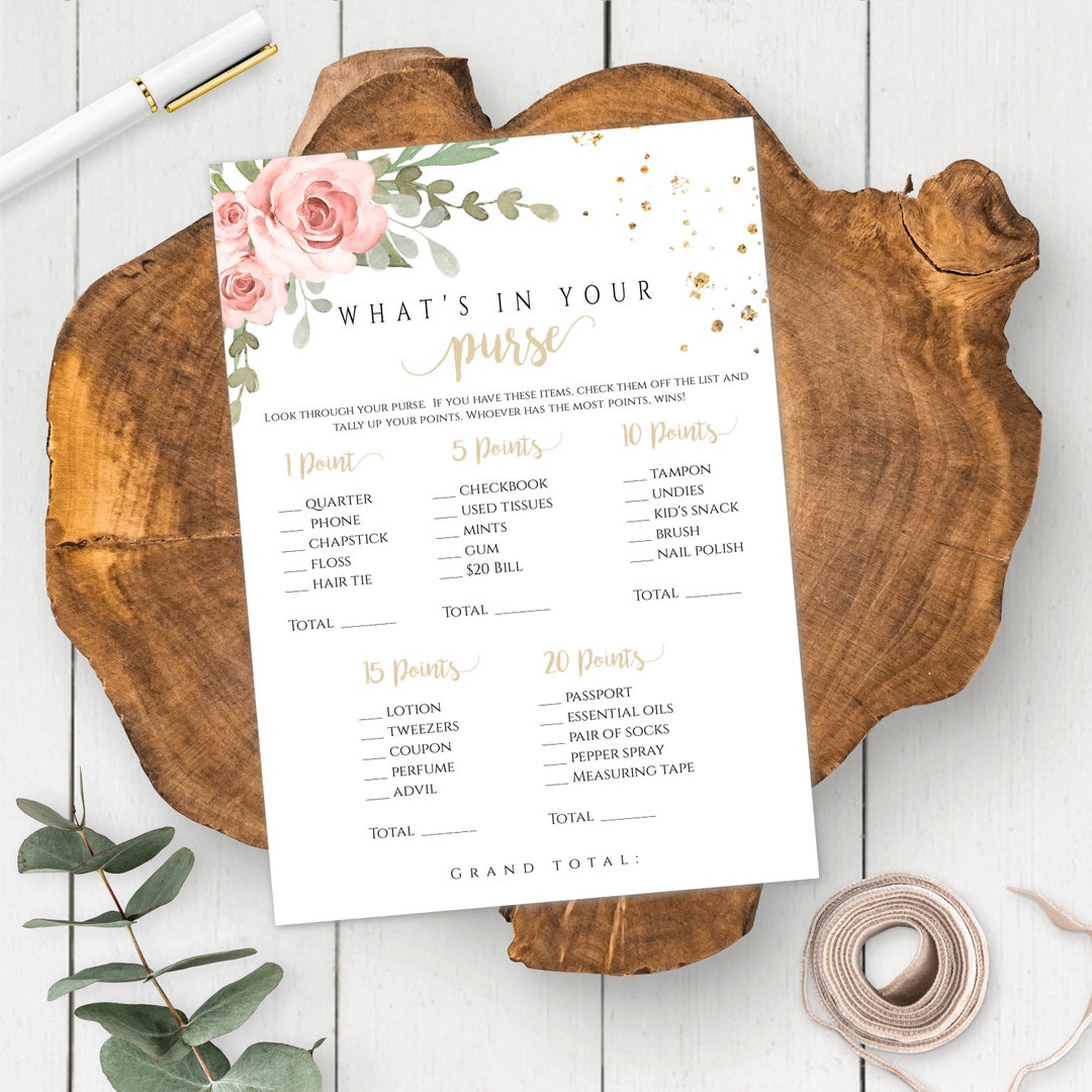 What's in Your Purse Game Template, Purse Game, Pink Floral Shower Game ...