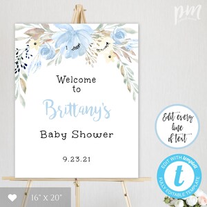 Blue Floral Boy Baby Shower Welcome Sign Template, Shower Welcome Sign, Welcome Poster Sign for Boy Baby Shower, Instant Download, BSBF