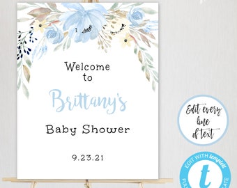 Blau Blumen Junge Baby Shower Willkommensschild Vorlage, Dusche Willkommensschild, Willkommensplakat Zeichen für Jungen Babyparty, Instant Download, BSBF