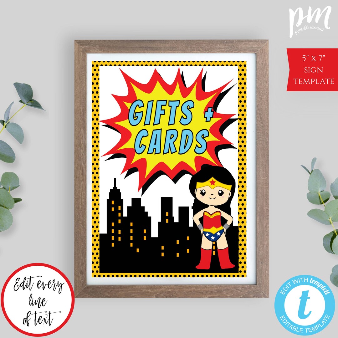 Superhero Gifts + Cards Sign Template for Girl Birthday, Super Hero ...