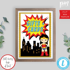 Superhero Gifts + Cards Sign Template for Girl Birthday, Super Hero Birthday Decor, DIY Editable Sign, Printable Sign Instant Download, BPSW