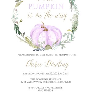 May include: A baby shower invitation with a watercolor wreath of greenery and a purple pumpkin. The text reads "a little PUMPKIN is on the way" and includes the name "Cheree Dowling", the date "Saturday, November 12, 2022", the time "2 PM", the location "The Dowling Residence, 1234 Valley View Ave. Corona, CA. 92881", the RSVP information "RSVP to Kim by November 1st (951) 555-1234", and the registry information "Registered at Target and Buy Buy Baby".