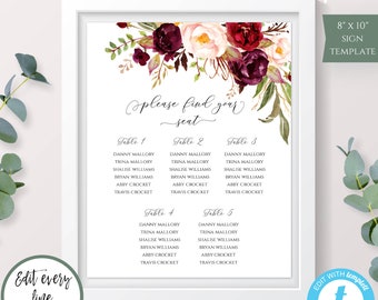 Burgundy Seating Chart Template 8" x 10" Printable Seating Plan Editable Template Wedding Assignment Fall Wedding Sign Table Seating WBMB
