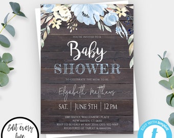 Rustic Floral Baby Shower Invitation Template, Blue Watercolor Baby Shower Invite, Self Edit + Print, Instant Download, Blue Floral, BSRF2