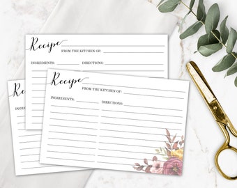 Fall Recipe Card for Bridal Shower, Printable Recipe Cards 4x6, Editable Template Digital Download, Autumn Floral Double Sided Recipe Card