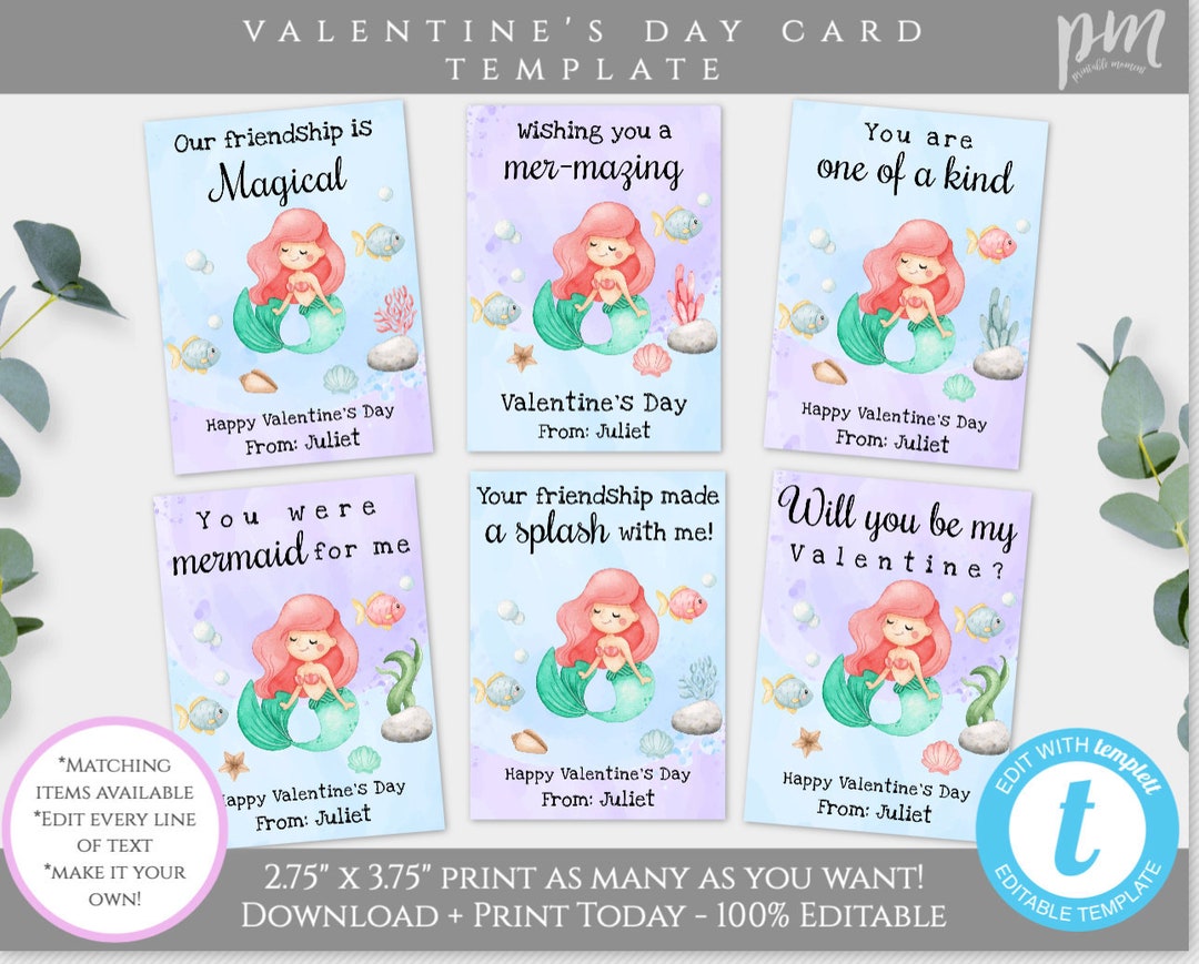Mermaid Valentines Day Card Template, Mermaid Valentines Cards for Kids ...