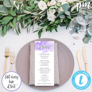 Purple Wedding Menu Template, Printable Tea Length Menu, Editable Dinner Menu, Instant Download, Lavender Menu, EDIT + PRINT Yourself, WBPW