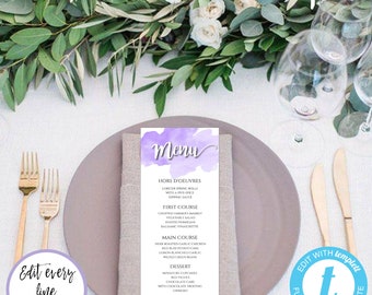 Purple Wedding Menu Template, Printable Tea Length Menu, Editable Dinner Menu, Instant Download, Lavender Menu, EDIT + PRINT Yourself, WBPW