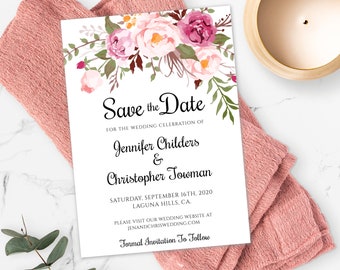 Pink Floral Save The Date Invitation Template, Printable Bohemian Save The Date, DIY Editable Boho Save The Date, Instant Download, WBBH