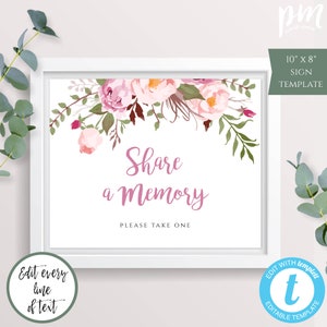 Pink Floral Share a Memory Sign Template, In Loving Memory Funeral Sign, Celebration Of Life, Funeral Printable, Memorial Sign Funeral, PFF2