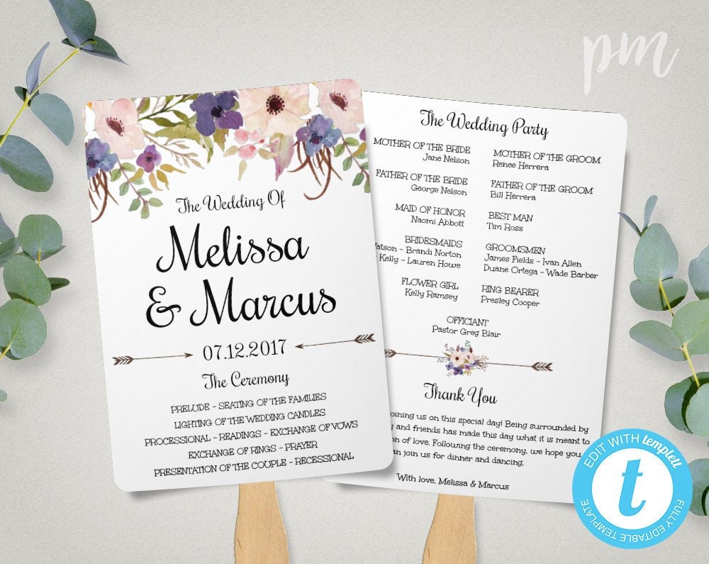 Purple Wedding Program Fan Template, Watercolor Flower Program ...