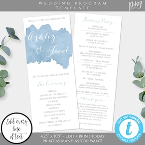 Dusty Blue Wedding Program Template, Tea Length Ceremony Program, Printable Light Blue Program, Editable Template, Instant Download, WBDB