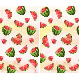 May include: Watercolor illustration of a pattern featuring watermelon slices and whole watermelons. The watermelons are red and green, with a heart-shaped watermelon in the center. The background is a soft yellow and pink.