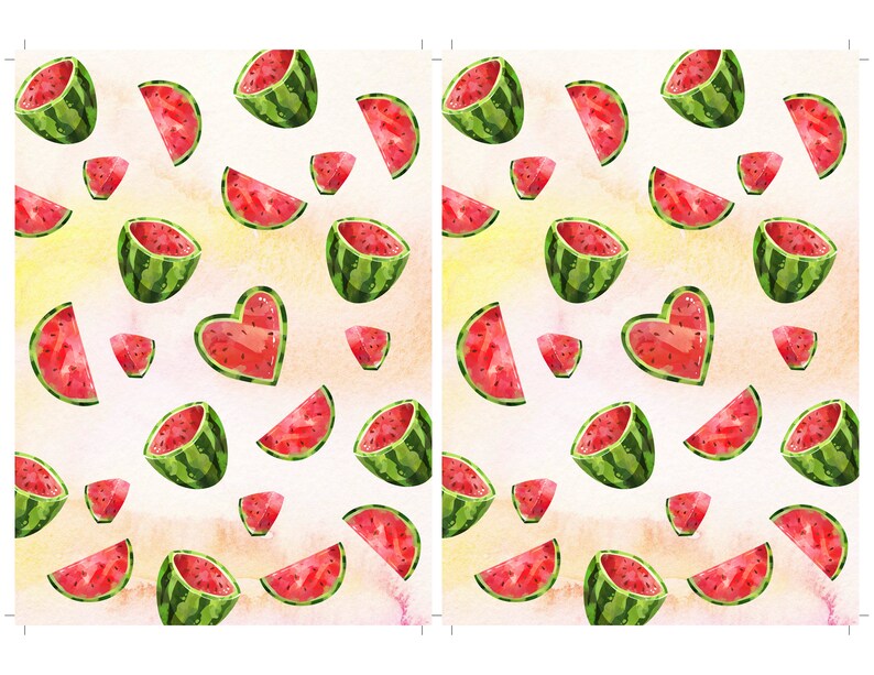 May include: Watercolor illustration of a pattern featuring watermelon slices and whole watermelons. The watermelons are red and green, with a heart-shaped watermelon in the center. The background is a soft yellow and pink.