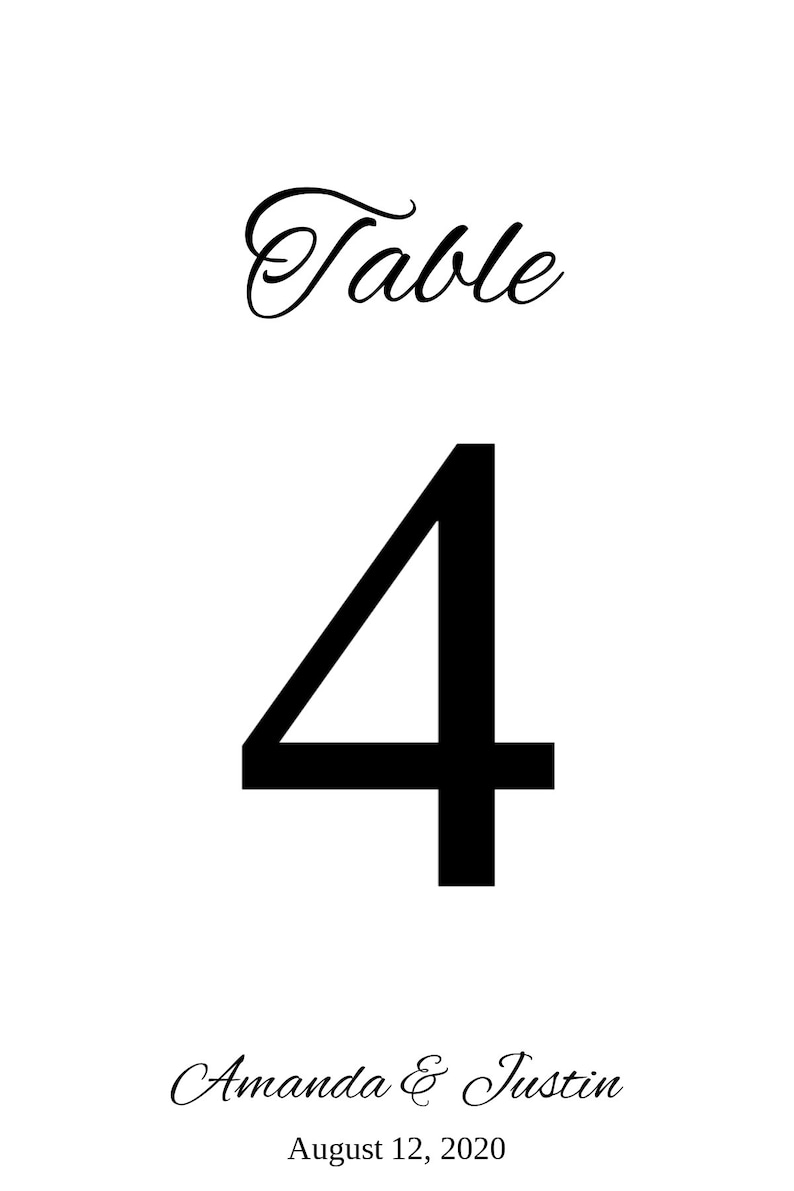 May include: Table number four wedding reception seating chart with the names Amanda & Justin and the date August 12, 2020.