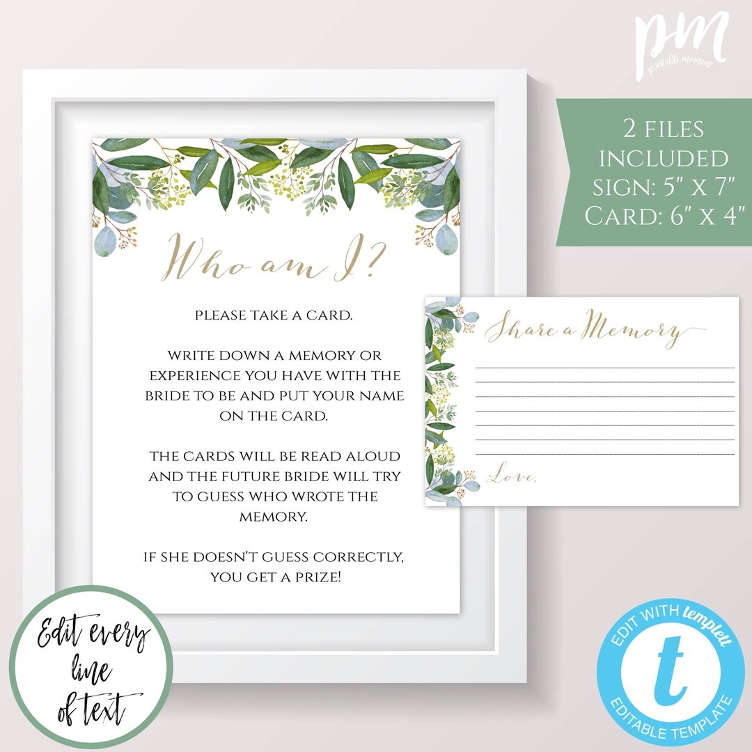 Who Am I Bridal Shower Game Greenery Bridal Shower Game Etsy