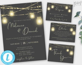 Gray Wedding Invitation Template Suite, String Lights Printable, Mason Jar Invitation, Editable Country Wedding Template Barn Wedding Invite