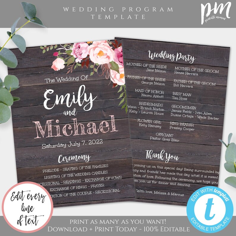 Rustic Floral Wedding Program Template, DIY Wedding Program, Faux Wood Printable Program, Order of Ceremony, Order of Service, WBRF Bild 1