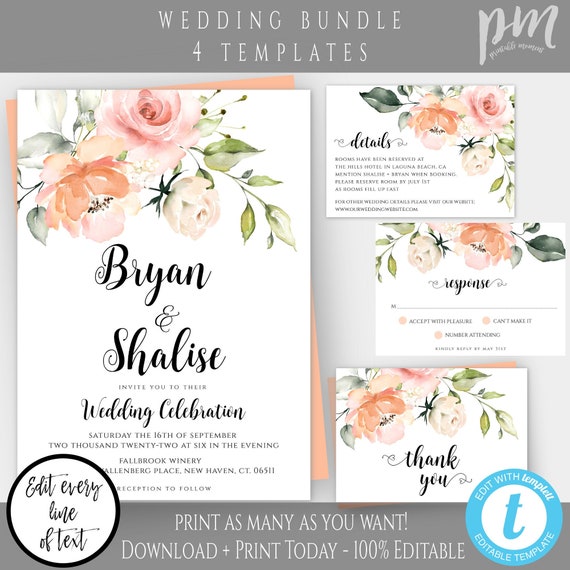 Wedding Invitation Template Set, Peach Floral Wedding Invite, Editable Details Card, Printable RSVP Card, Response Card, Thank You Card WBPB