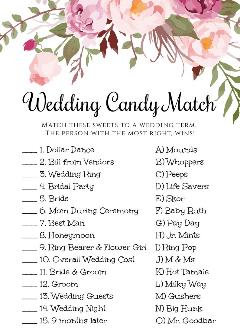 Pink Floral Wedding Candy Match Bridal Shower Game Template | Etsy