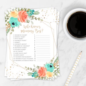 Mint + Coral Floral Who Knows Mommy Best Game Template, Baby Shower Game, Geometric Shower, Baby Shower Activity Printable, Editable, BSMC