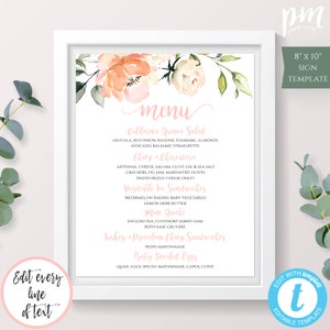 Pfirsich Floral Menü Zeichen Vorlage für Baby Shower, 8x10 Menü, bearbeitbare Tea Party Zeichen, Baby braut Dusche, DIY Girl Baby Shower, BSP2