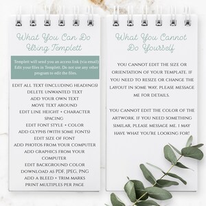 Op de afbeelding: Een witte en groene checklist op een notitieboekpagina met de titel "What You Can Do Using Templett" en "What You Cannot Do Yourself". De checklist somt de functies op die u kunt bewerken met Templett en de functies die u niet kunt bewerken.
