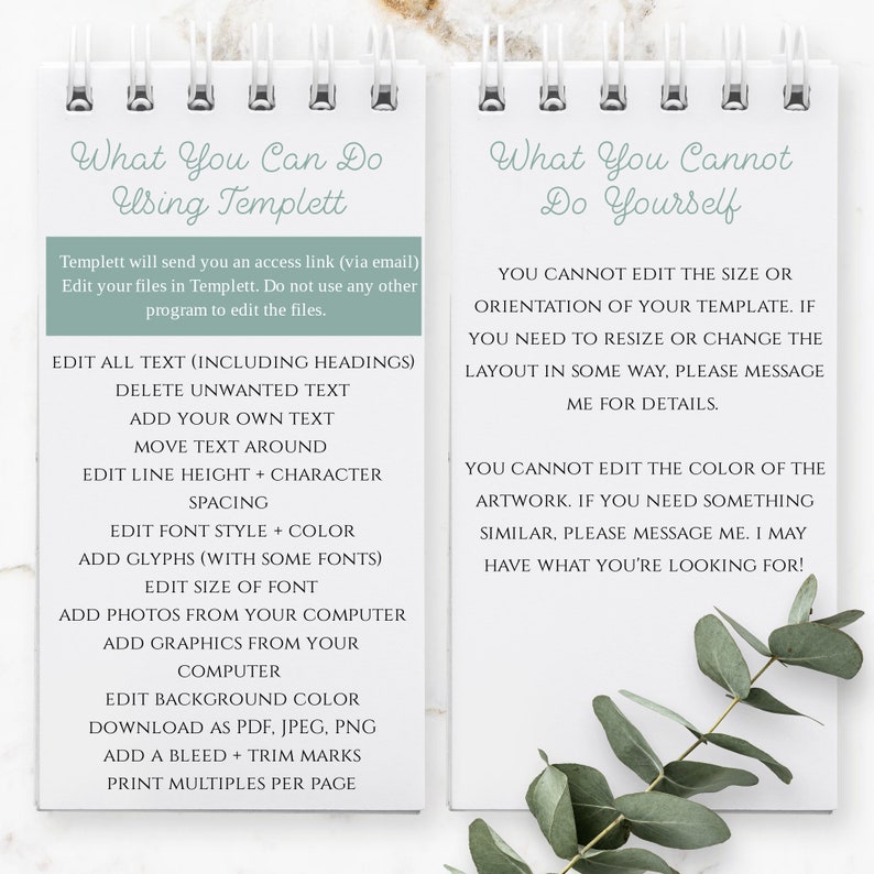 Op de afbeelding: Een witte en groene checklist op een notitieboekpagina met de titel "What You Can Do Using Templett" en "What You Cannot Do Yourself". De checklist somt de functies op die u kunt bewerken met Templett en de functies die u niet kunt bewerken.