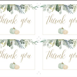 May include: Four white thank you cards with a green and brown watercolor floral design and a small green and white pumpkin on each card.