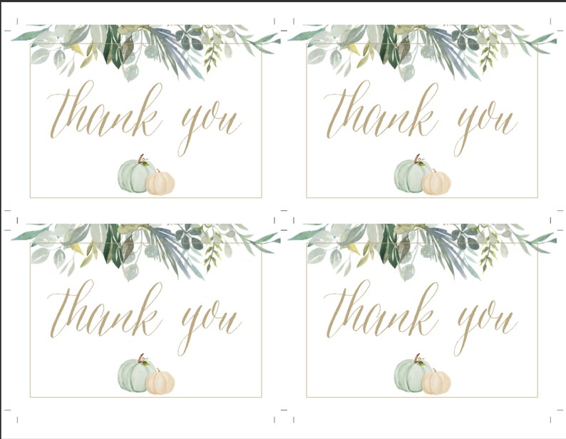 May include: Four white thank you cards with a green and brown watercolor floral design and a small green and white pumpkin on each card.