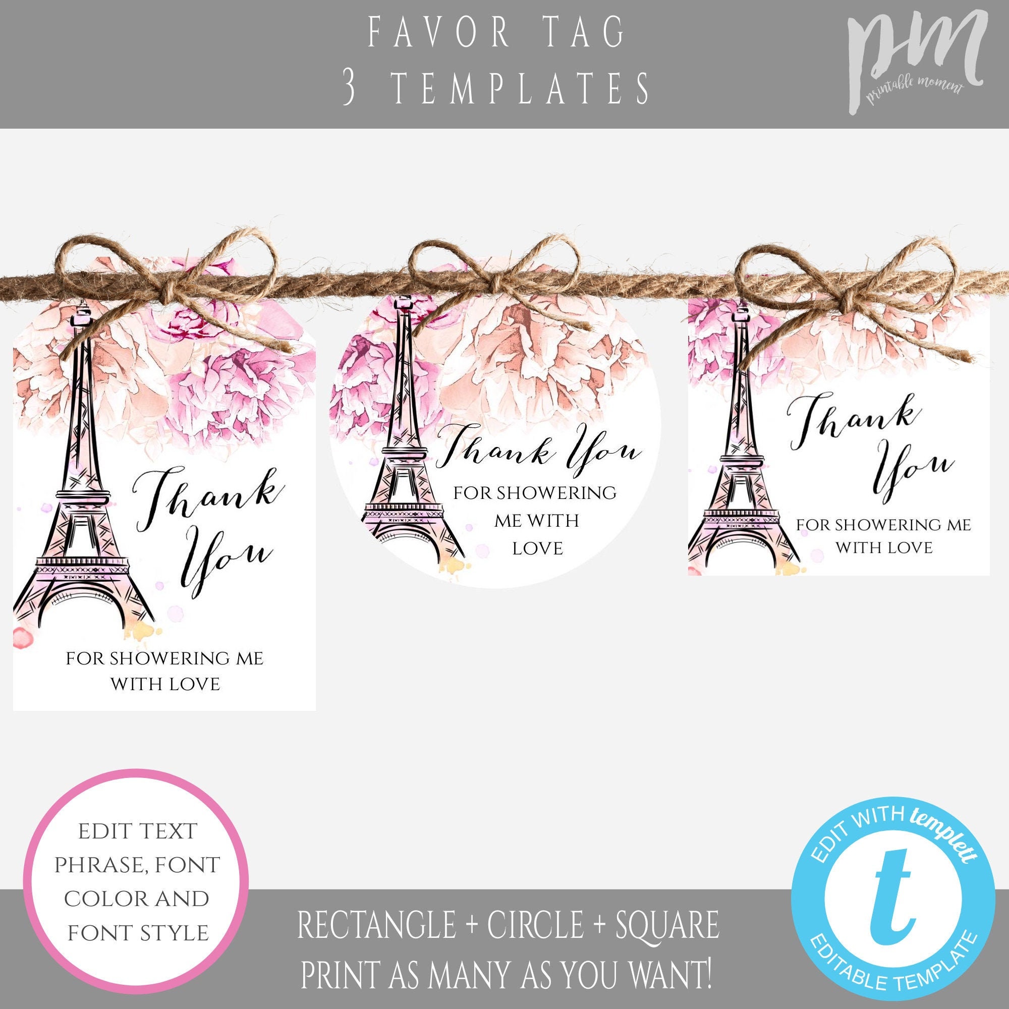 Floral Thank You Tag Editable Bridal Shower Tag Printable Baby Shower Tag BFP French Birthday Tag Blue Floral Paris Thank You Tag Template
