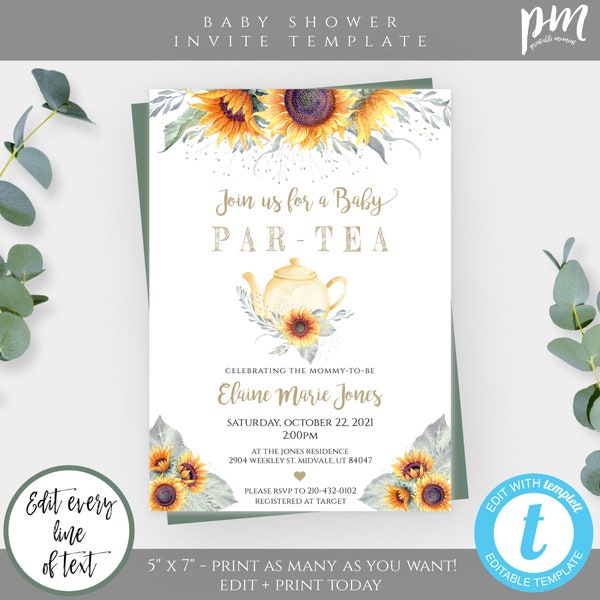 Sunflower Baby Shower Invitation Template, Baby Par-Tea, Rustic Tea Party Invite, Fall Baby Shower Printable, DIY Editable Template, BSTSF