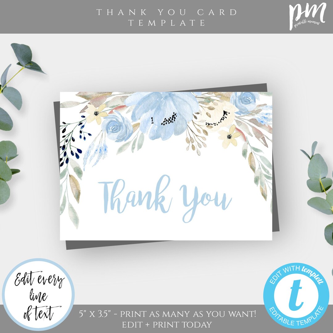Blue Floral Baby Shower Thank You Card Template, Blue Bridal Shower ...