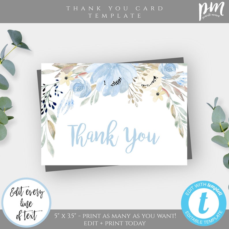 Blue Floral Baby Shower Thank You Card Template, Blue Bridal Shower ...