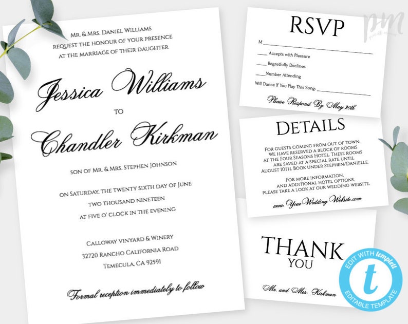 Modern Wedding Invitation Suite, Printable Black White Wedding Invitation Template Set Calligraphy Set for Simple Wedding Instant Download image 1