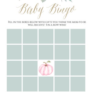 Pink Watercolor Pumpkin Baby Bingo Game Template, Little Pumpkin Baby ...