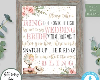 Traveling From Miss to Mrs Pink Floral Put a Ring On It Sign Template, DIY Editable Pink Floral Bridal Shower Sign, Printable Sign, TBSP