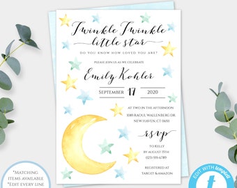 Twinkle Twinkle Little Star Baby Shower Invitation Template, Editable Baby Boy Shower Party Invite, Printable + Digital Blue & Gold Invite