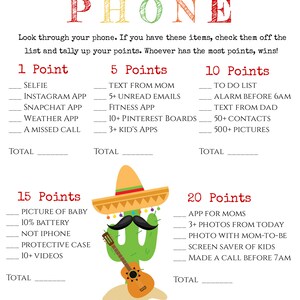 May include: A colorful game sheet titled "What's On Your Phone" with a festive design. The game includes point-based challenges related to phone usage, featuring a cactus character wearing a sombrero and playing a guitar.