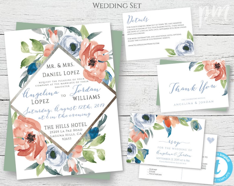 Blue and Coral Wedding Invitation Template Set Blue Floral Etsy
