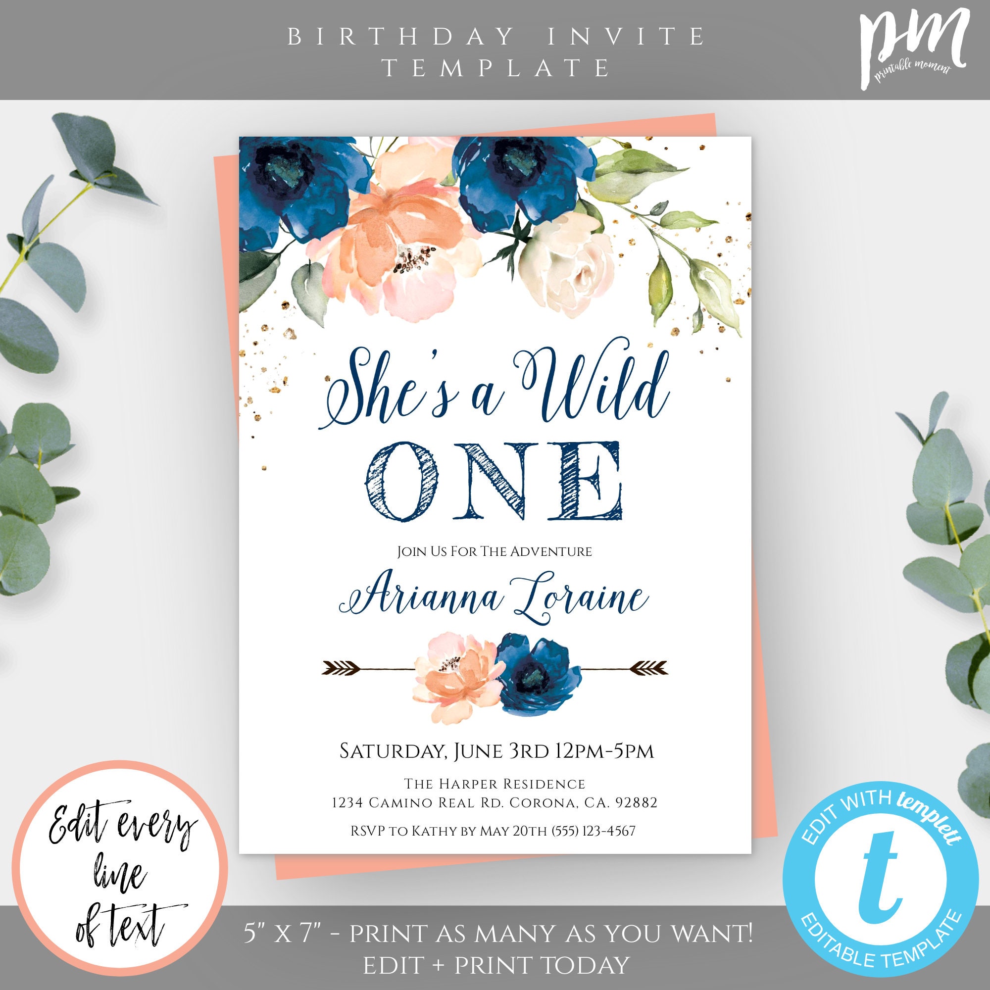 She's a Wild One Birthday Party Invitation Template Navy - Etsy